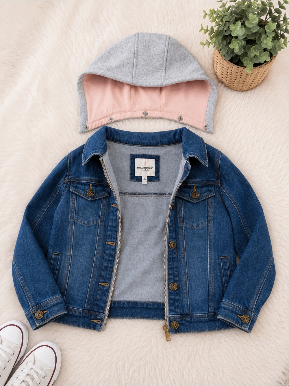 Urban Republic Girl’s Blue Denim Jacket Gray Hood & Pin! - Picture 4 of 11
